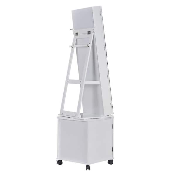 Lockable Jewelry Cabinet White Wood Free Standing 15.4 in. W Jewelry Armoire with LED Full-Length 360° Swivel Mirror