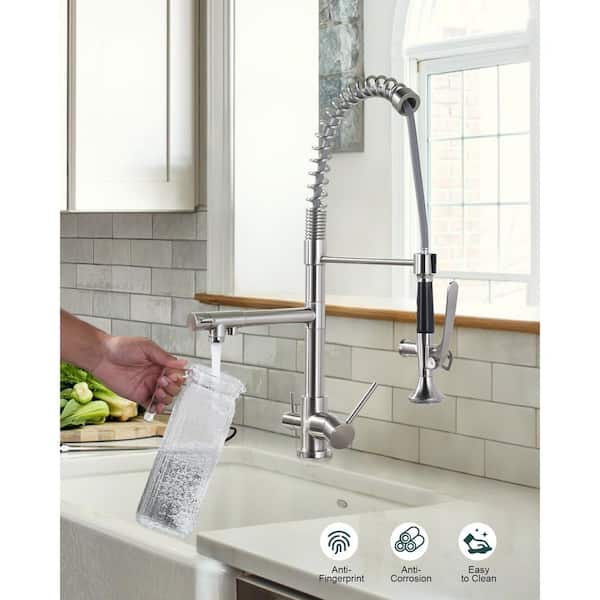 Double Handle Pull-Down Sprayer Kitchen Faucet High Arc with Drinking Water and Deck Plate in Brushed Nickel