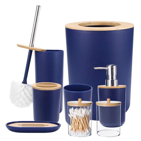 8-Piece Accessory Set with Dispenser,Toothbrush Holder,Soap Dish,Toilet Brush,Trash Can,Qtip Holders Blue B09VYNVHNW - The Home Depot