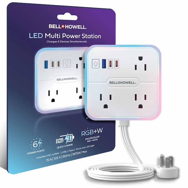 Bell + Howell LED Multi Power Station 3 AC Outlets,1 USB-A and 2 USB-C Ports Charging Extension w/ RGB Night Light and Surge Protector