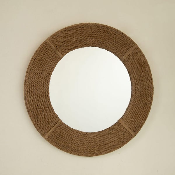 Avex Brown 23.62 in. W x 23.62 in. H Art Deco Round Hemp Hand-woven Framed Mirror