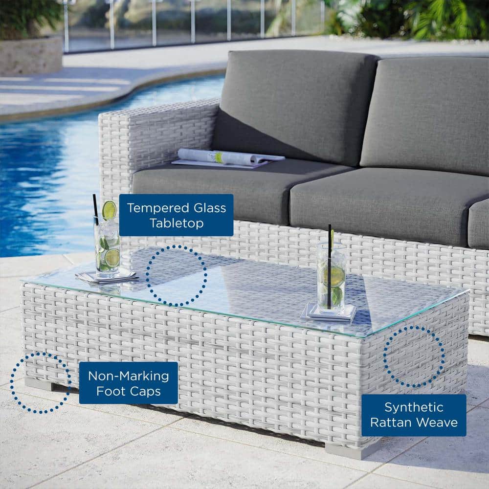 Convene Light Gray Wicker Outdoor Coffee Table with Glass Top