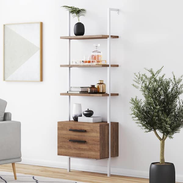 Nathan James Theo Rustic Oak Wood and White Steel Frame Bookcase or Bookshelf with 2 Drawers