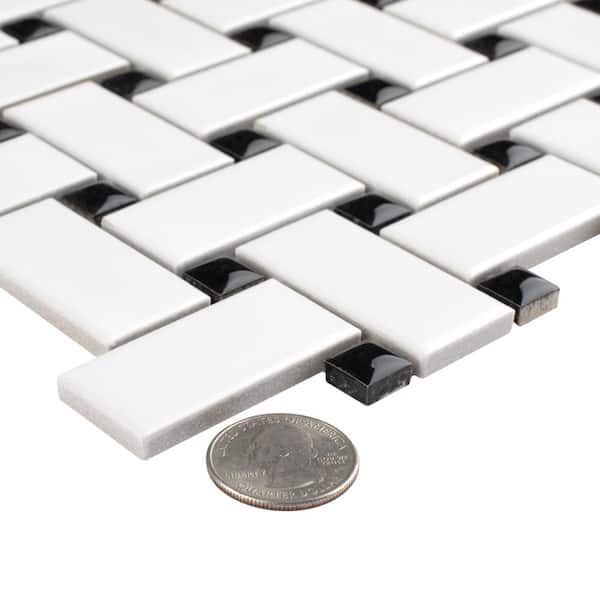Merola Tile Metro Basketweave Matte White with Cobalt Dot 11-3/4 in. x 11-3/4 in. Porcelain Mosaic Tile (19.58 sq. ft./Case)