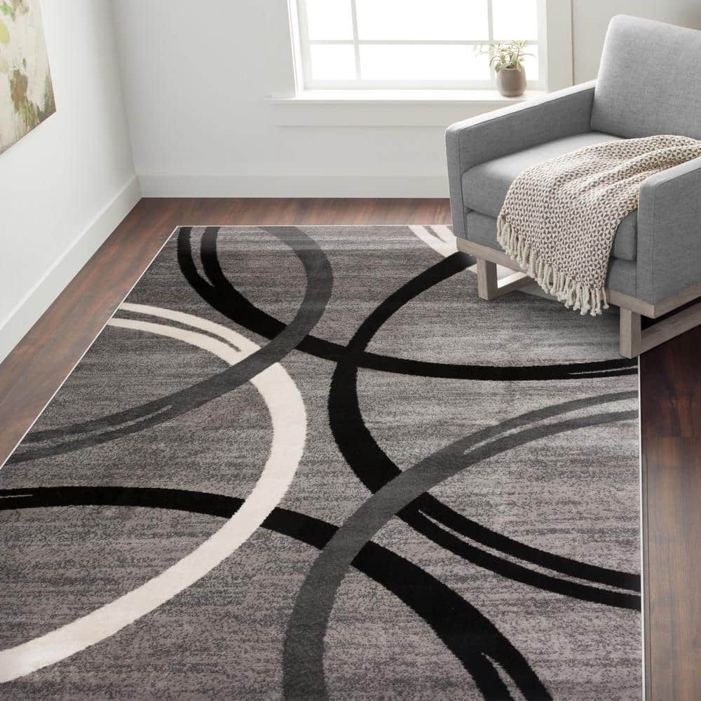 Gray Abstract Circles Design Easy Care Area Rug 6'6" x 9'