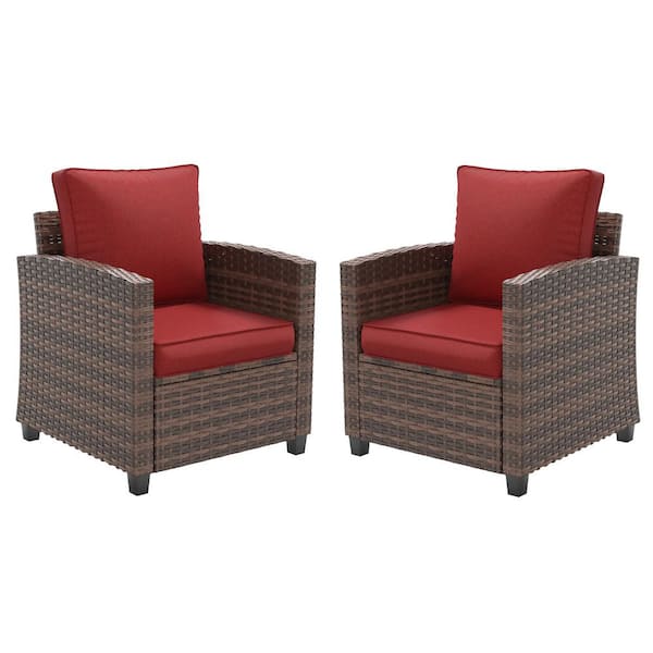 2-Piece Brown Rattan Outdoor Lounge Chairs With Red Cushions
