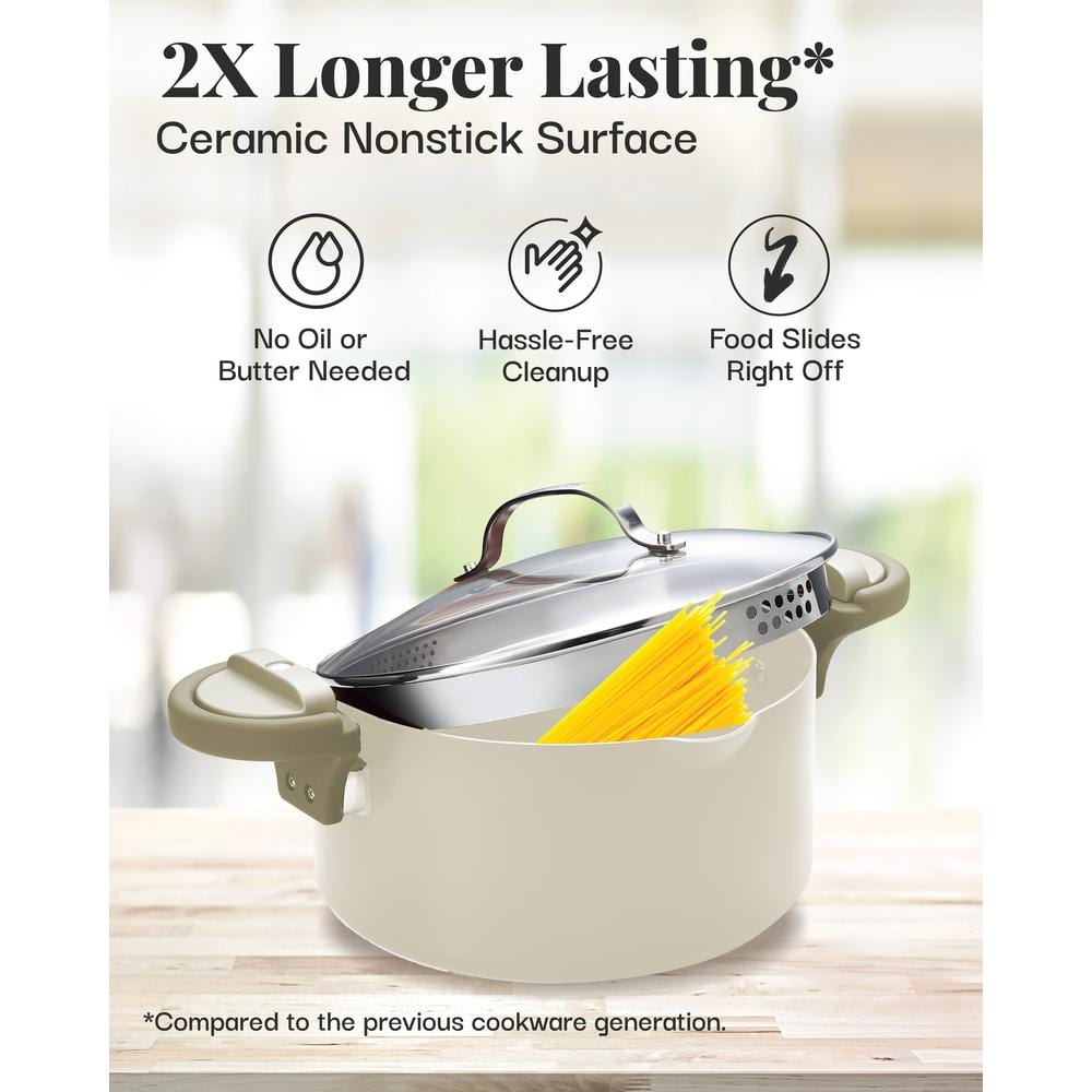 Cream Aluminum 5 Qt Nonstick Pasta Pot with Strainer Lid