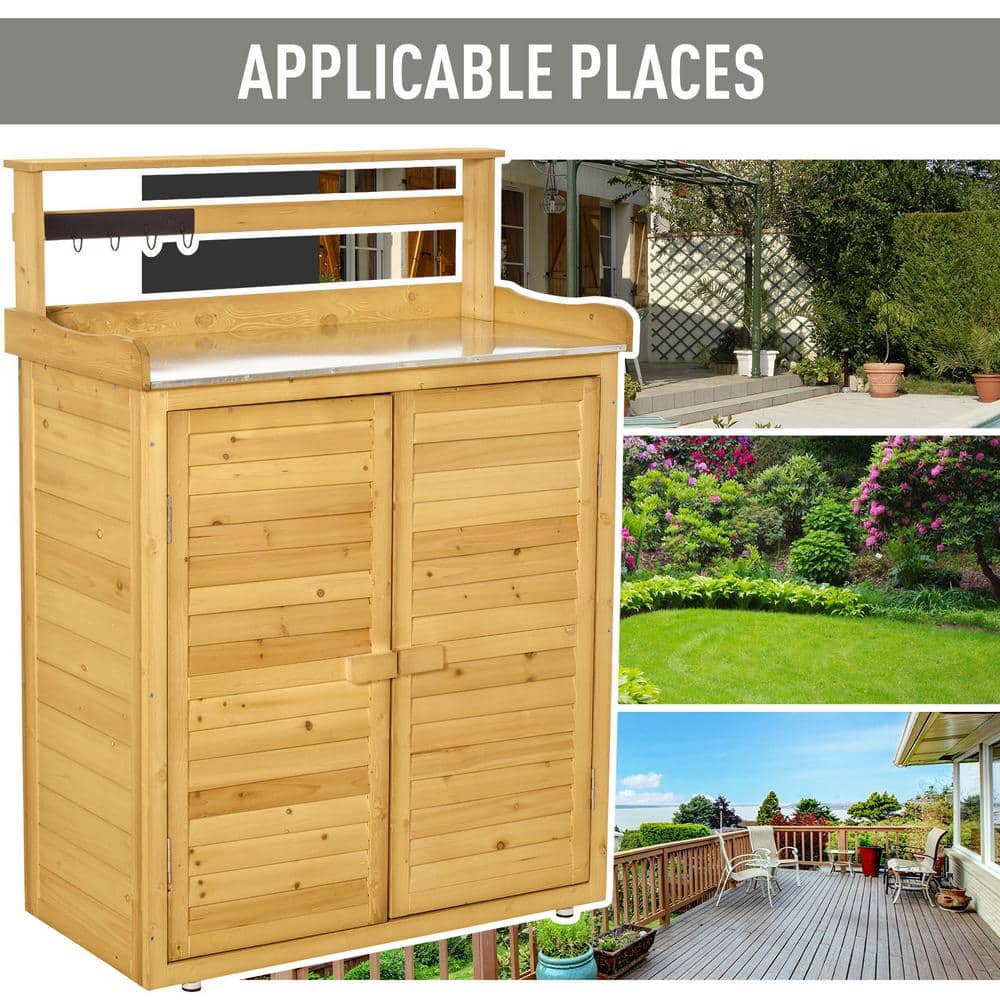 Natural Fir Wood Garden Potting Bench with Shelves and Hooks