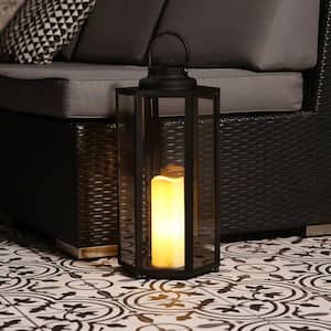 18 in. Tall Outdoor Hexagonal Battery-Operated Metal Lantern with LED Lights, Black