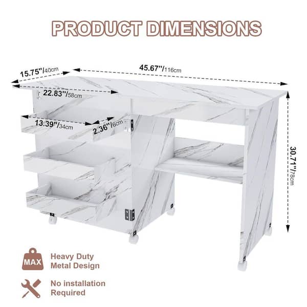 45.67 in. W White Wood 4-in-1 Folding Craft Sewing Table with