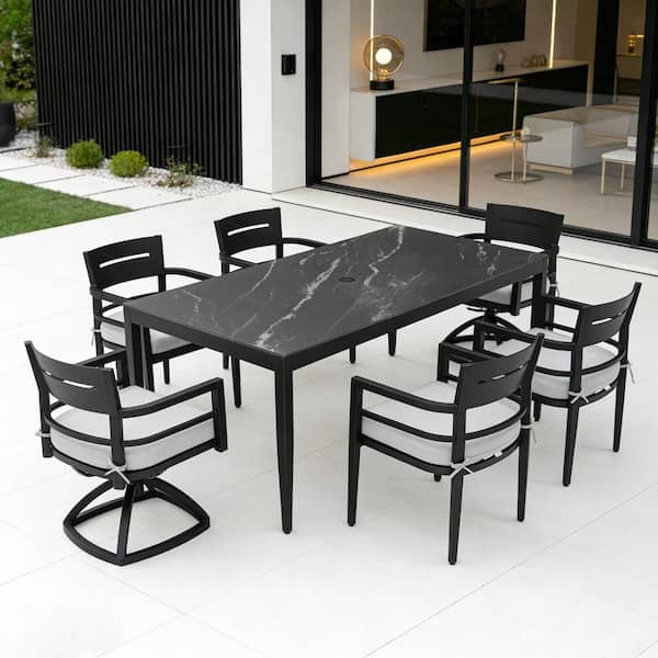 7-Piece Black Modern Aluminum Outdoor Dining Set with Rectangle Dining Table and Dining Chairs with Cast Cushions