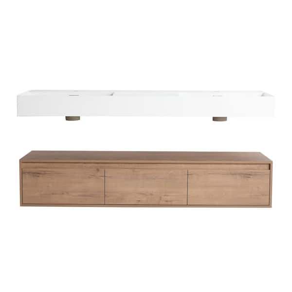 60 in. Wall-Mounted Double Oak Bath Vanity with White Resin Top Assembled