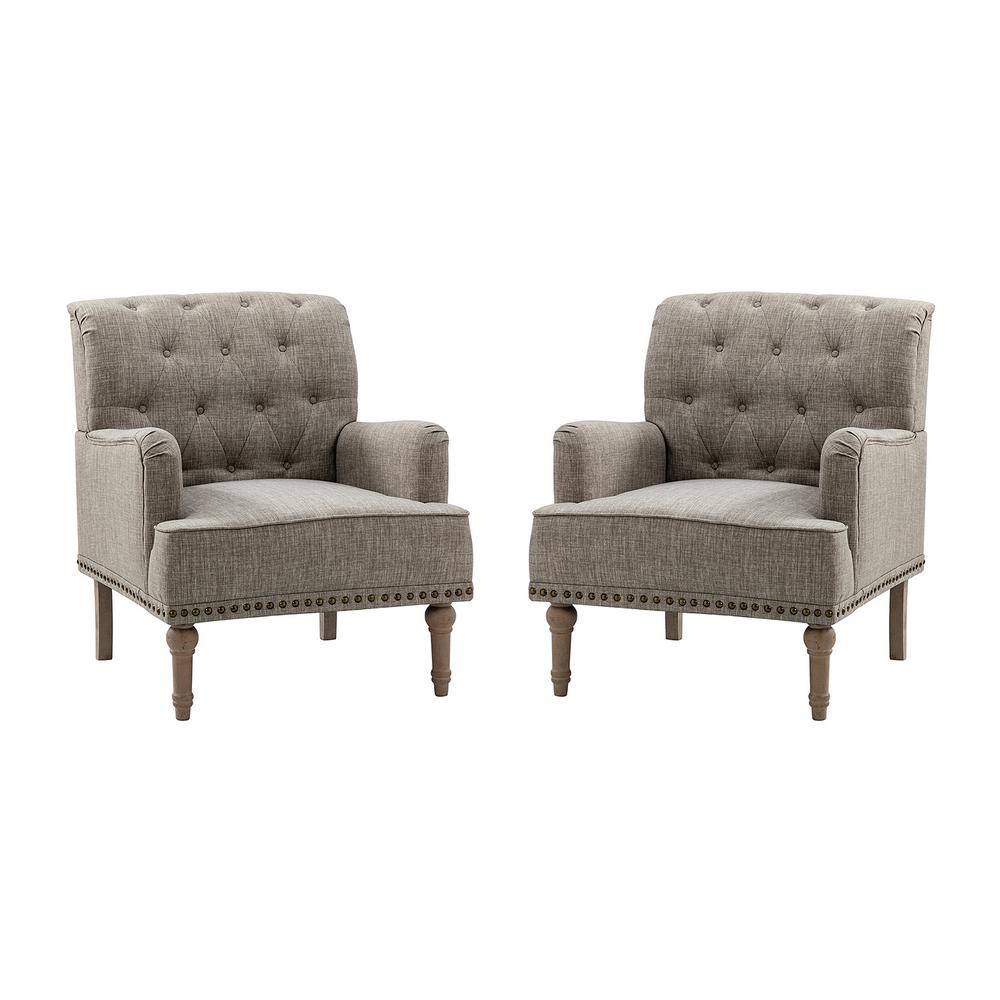 Gray Tufted Polyester Accent Chair with Nailhead Trim and Wooden Legs