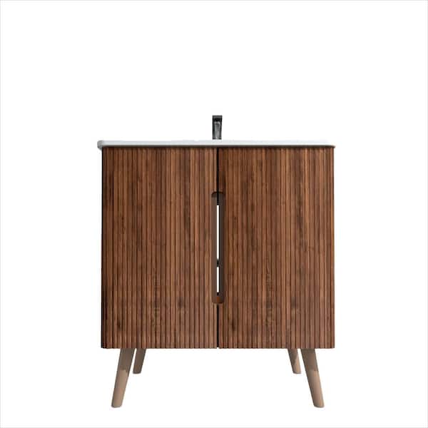 30 in. W Single Sink Freestanding Wall Mounted Walnut Bath Vanity with White Ceramic Top