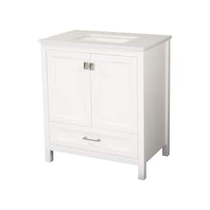 30 in. W x 19 in. D x 36.5 in. H Single Sink Freestanding Bath Vanity in White with White Natural Marble Top