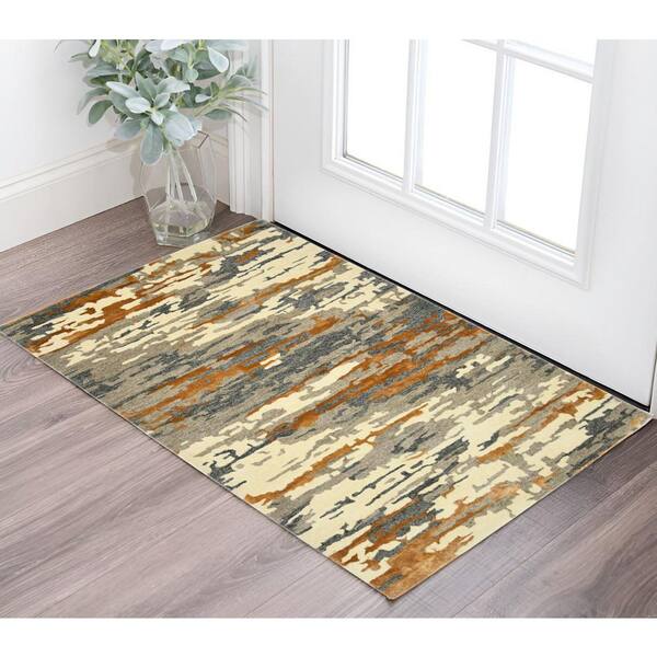 2' X 3' Orange Ivory And Green Wool Abstract Hand Tufted Area Rug
