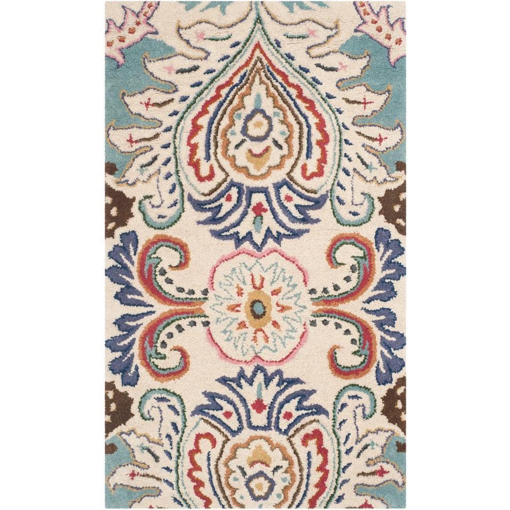 Ivory and Blue Hand-Tufted Wool Floral Area Rug