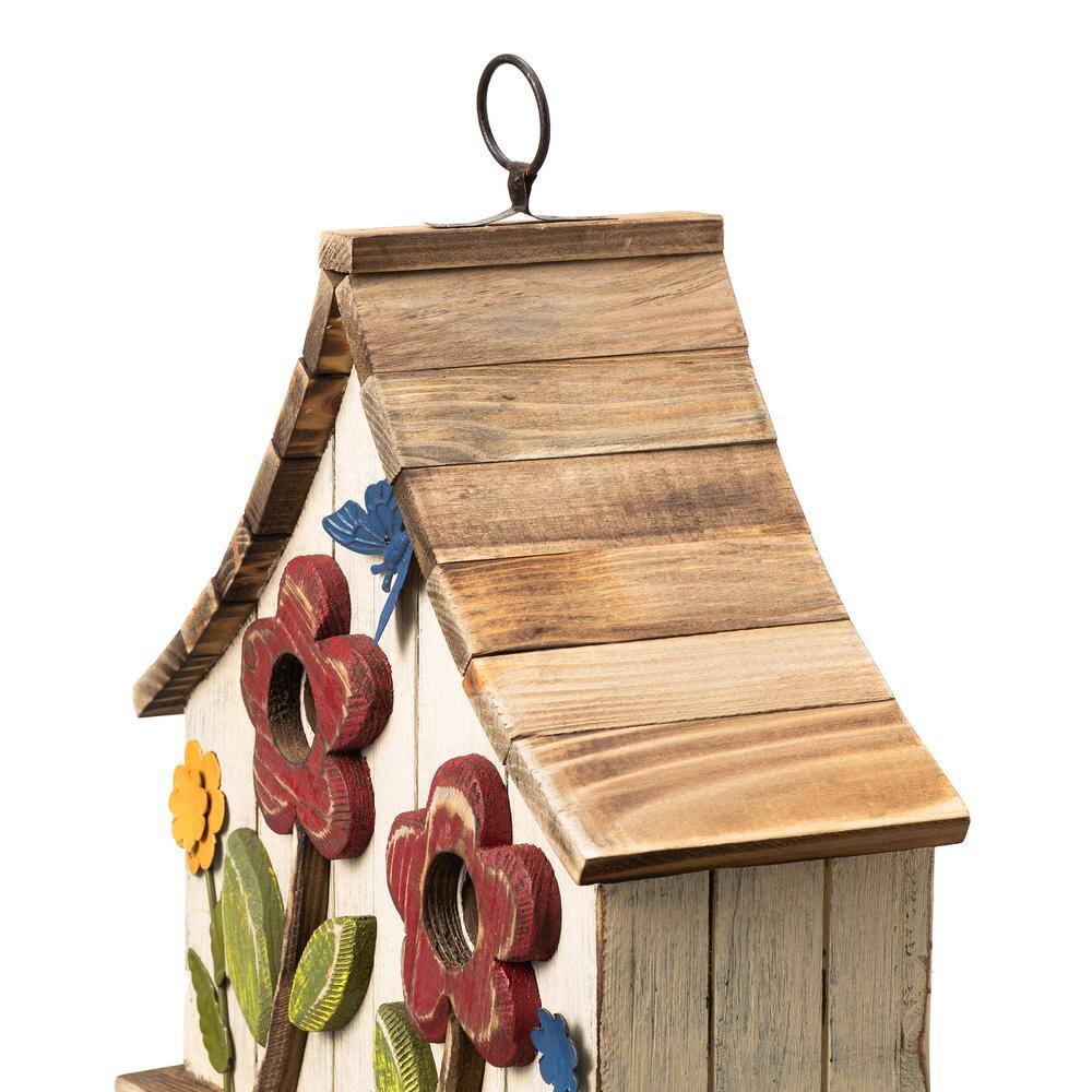 Distressed White Wooden Two-Story Garden Birdhouse with 3D Flowers