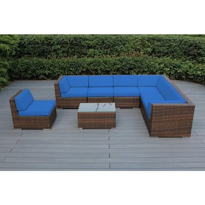 Mixed Brown 8-Piece Wicker Patio Seating Set with Supercrylic Blue Cushions