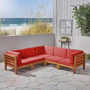 Oana Teak Brown 5-Piece Wood Outdoor Sectional with Red Cushions