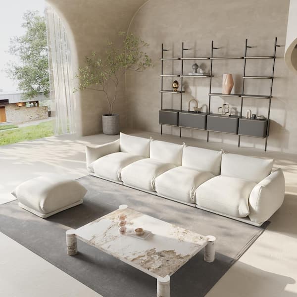 Magic Home Minimalism 131 in. Flared Arm Chenille L-shaped Modular Sofa Oversized Lawson Floor Couch 4 Seater with Ottoman in Beige