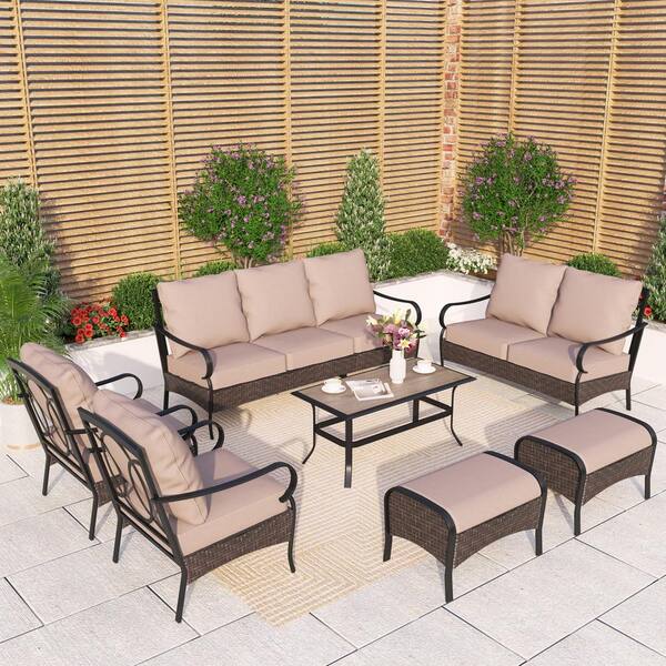 PHI VILLA Black 7Piece Rattan 9 Seat Steel Outdoor Patio Conversation