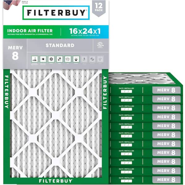 16 in. x 24 in. x 1 in. MERV 8 (FPR 5) Dust Defense Pleated HVAC AC Furnace Air Filters Replacement (12-Pack)