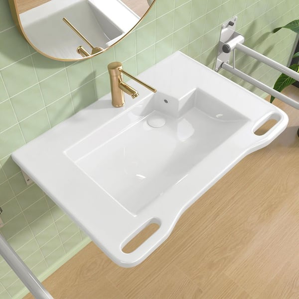 31.5 in. ADA Compliant Ceramic Sink Wall-Hung Accessible Sink for Wheelchair w/ White Right Drain and Overflow, Handles