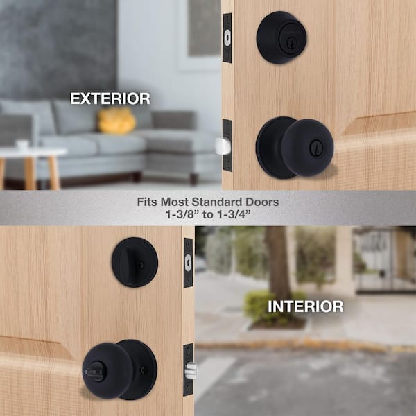 Round Matte Black Keyed Entry Door Knob with Single Cylinder Combo Pack