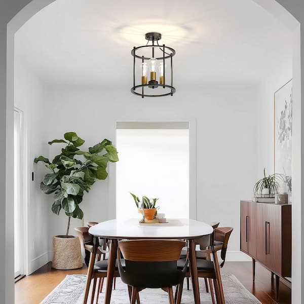 13 in. 3-Light Black and Gold Farmhouse Flush Mount Ceiling Light Vintage Charm for Living Room Dining Room or Hallway