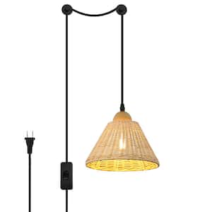 Industrial 8.66 in. 1-Light Kitchen Island Bamboo Shade Plug in Pendant Light with 2 Bases and Switch, E26 Base