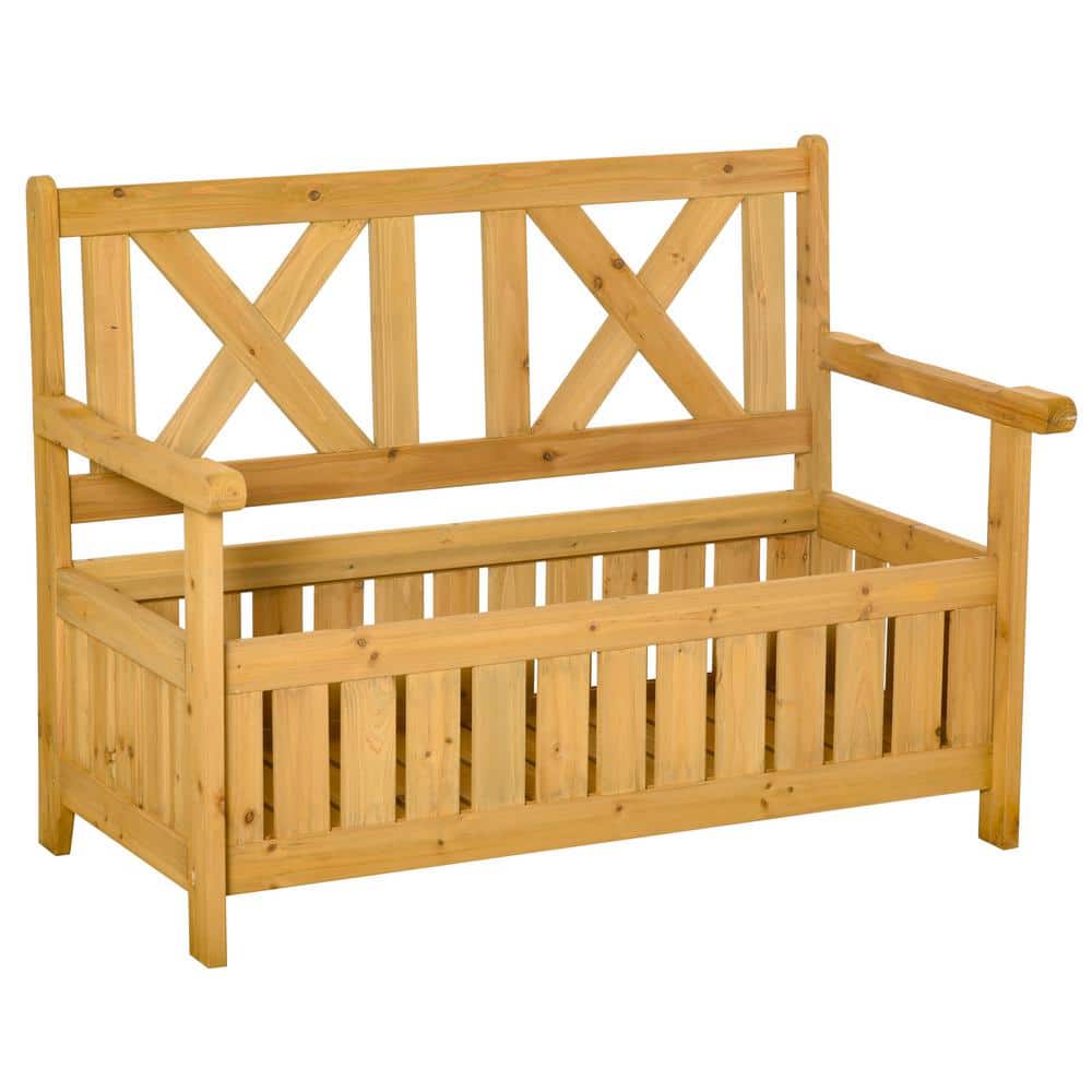 Yellow Wood Outdoor Bench with 29 Gal. Storage Box and X-Shape Back