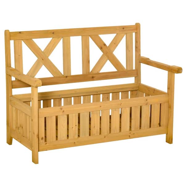 Unbranded Yellow Wood Outdoor Bench with 29 Gal. Storage Box and X-Shape Back
