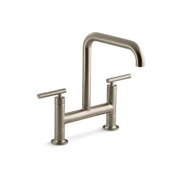 KOHLER Purist Double-Handle Surface Mount Bridge Kitchen Faucet in Vibrant Brushed Bronze