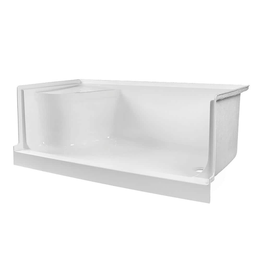 White Acrylic Single Threshold Shower Base with Seat and Right Drain