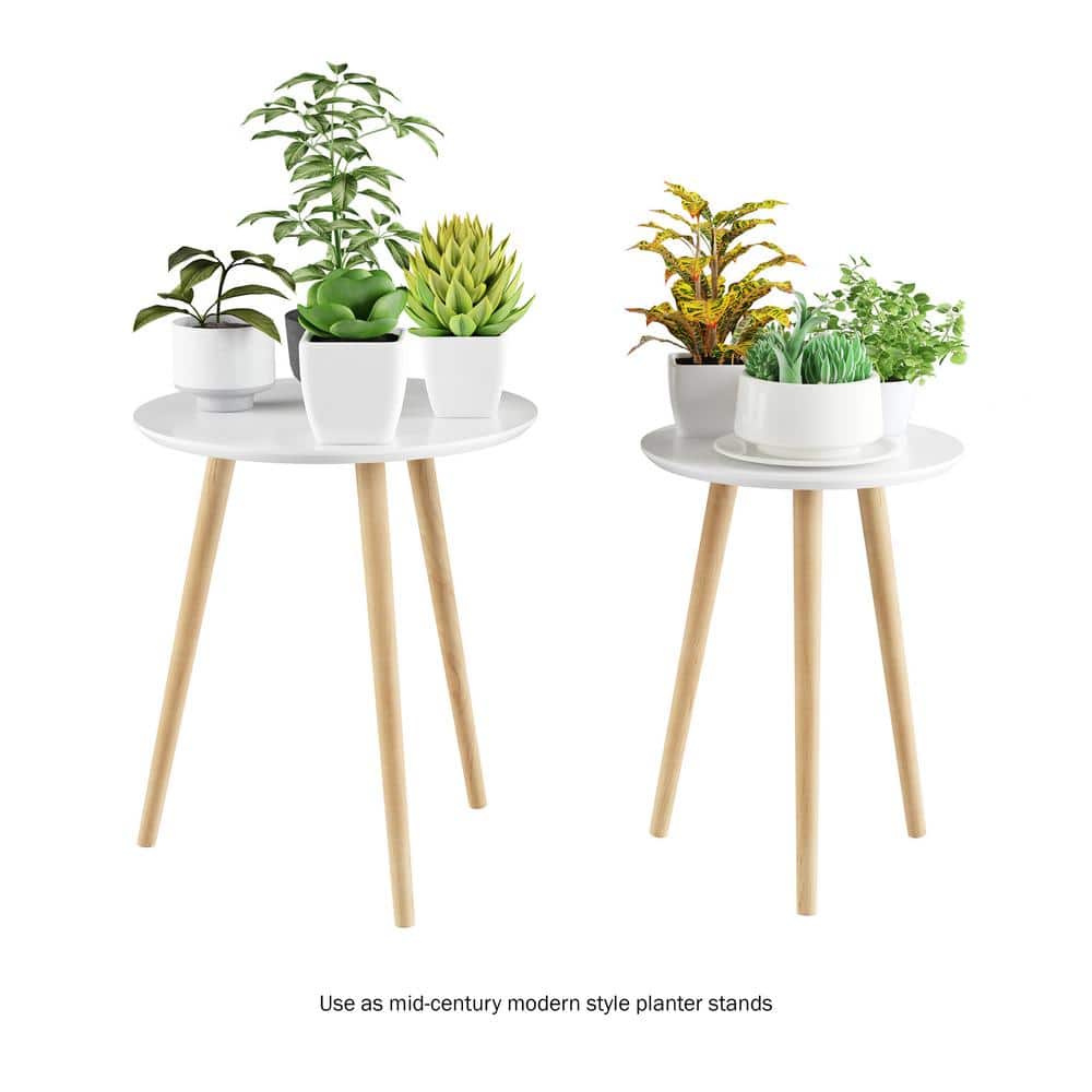 White and Natural Wood Mid-Century Modern Nesting End Tables Set