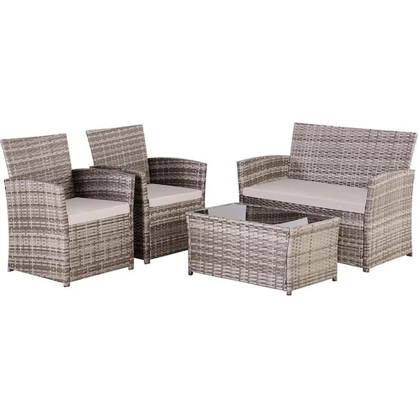 4 Pieces Outdoor PE Wicker Conversation Set Sectional Sofa Couch with Gray Washable Cushions