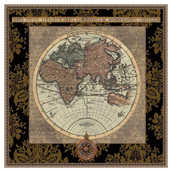Amanti Art "Damask on Black Map I" by Elizabeth Medley 1-Piece Floater Frame Giclee Travel Canvas Art Print 22 in. x 22 in.