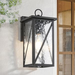 Modern 1-Light Textured Black Outdoor Wall Lantern 13 in. H Rectangle Outdoor Wall Light with Water Glass Shade