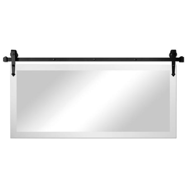 (58 in. W x 31 in. H) White Accent Mirror With Steel Barn Door Rail