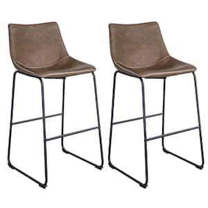 Leisure Chair 30. in Faux Coffee Brown Leather, High Back, Black Steel Bar Stool (Set of 2)