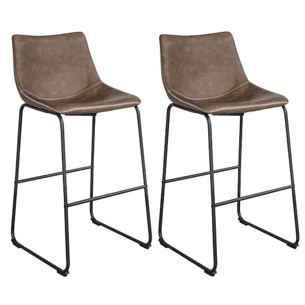 AmeriHome Leisure Chair 30. in Faux Coffee Brown Leather, High Back, Black Steel Bar Stool (Set of 2)
