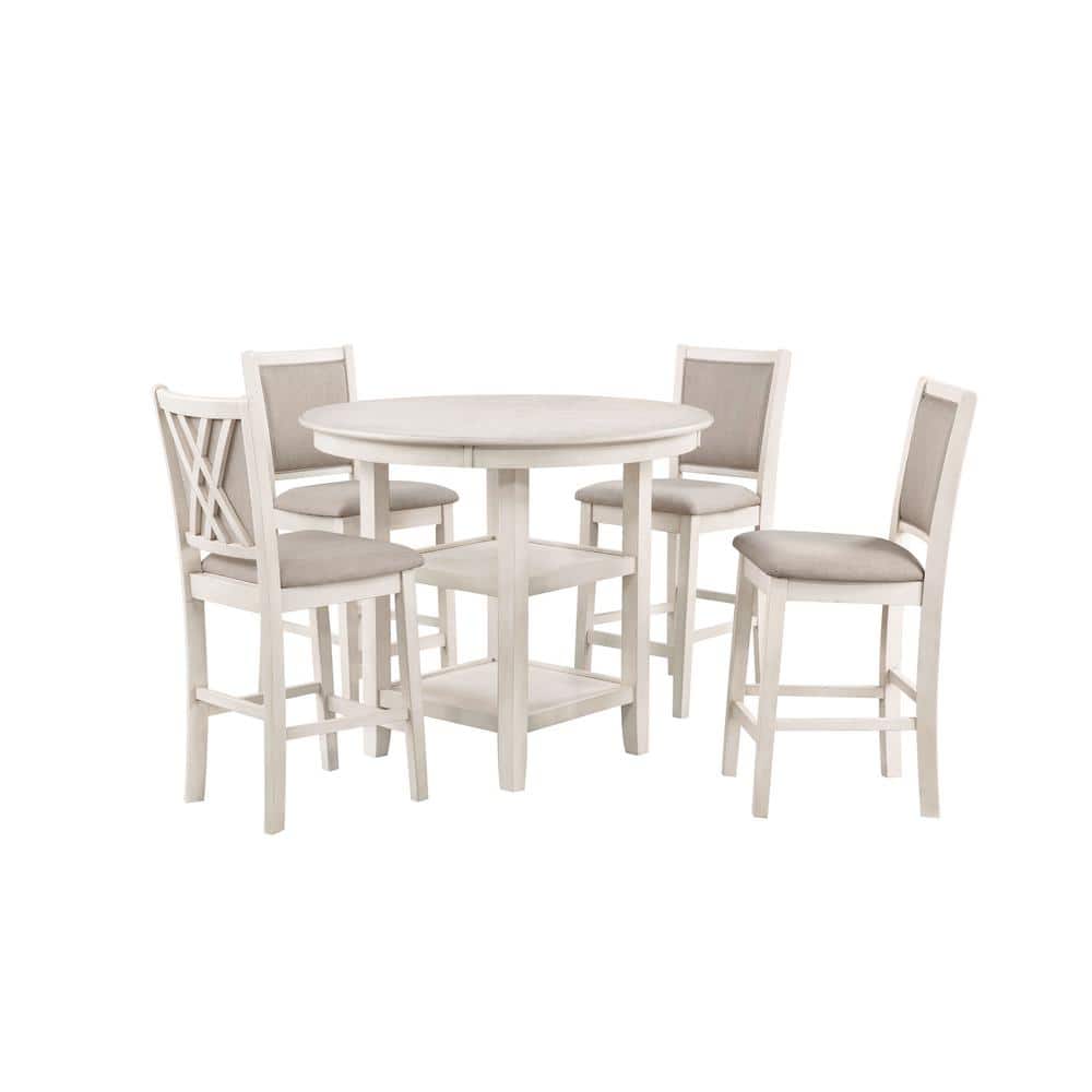 Cream Round Wood Counter Pub Set with 4 Chairs