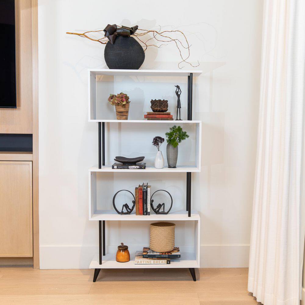 White and Black 5-Tier S-Shaped Modern Wood Bookcase