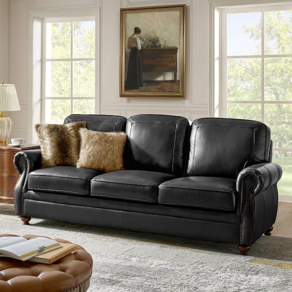 Justina 85.5 in. Traditional Rectangular Rolled Arms Genuine Leather Sofa with Nailhead Trims in Black