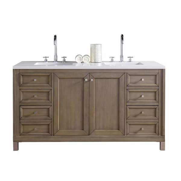 James Martin Vanities Chicago 60.0 in. W x 23.5 in. D x 33.8 in. H Double Bathroom Vanity in Whitewashed Walnut with White Zeus Quartz Top