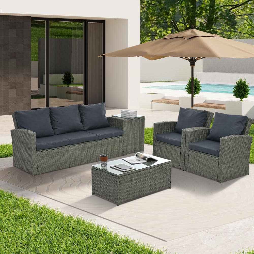 Modern 6-Piece PE Rattan Wicker Patio Conversation Set Seasonal with Gray C