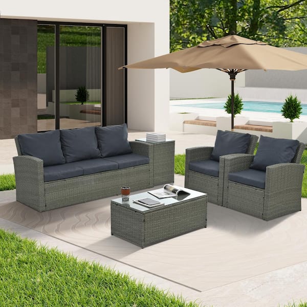 Unbranded Modern 6-Piece PE Rattan Wicker Patio Conversation Set Seasonal with Gray Cushions and Table
