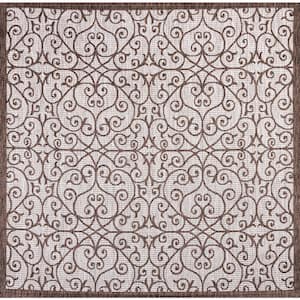 Madrid Taupe/Espresso 5 ft. Vintage Filigree Textured Weave Indoor/Outdoor Square Area Rug