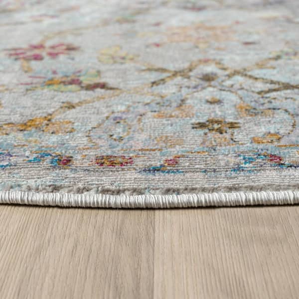 Gracie Persian Classic Victorian Gray/Multi 7 ft. Round Distress Floral Indoor Rug
